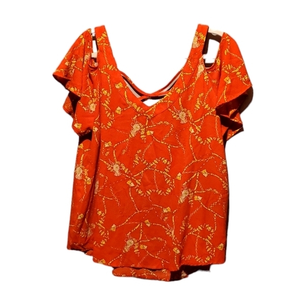 Flower & Feather Red Gold Dressy Blouse Top Open‎ Shoulder Plus Size XXL Women - Picture 1 of 2